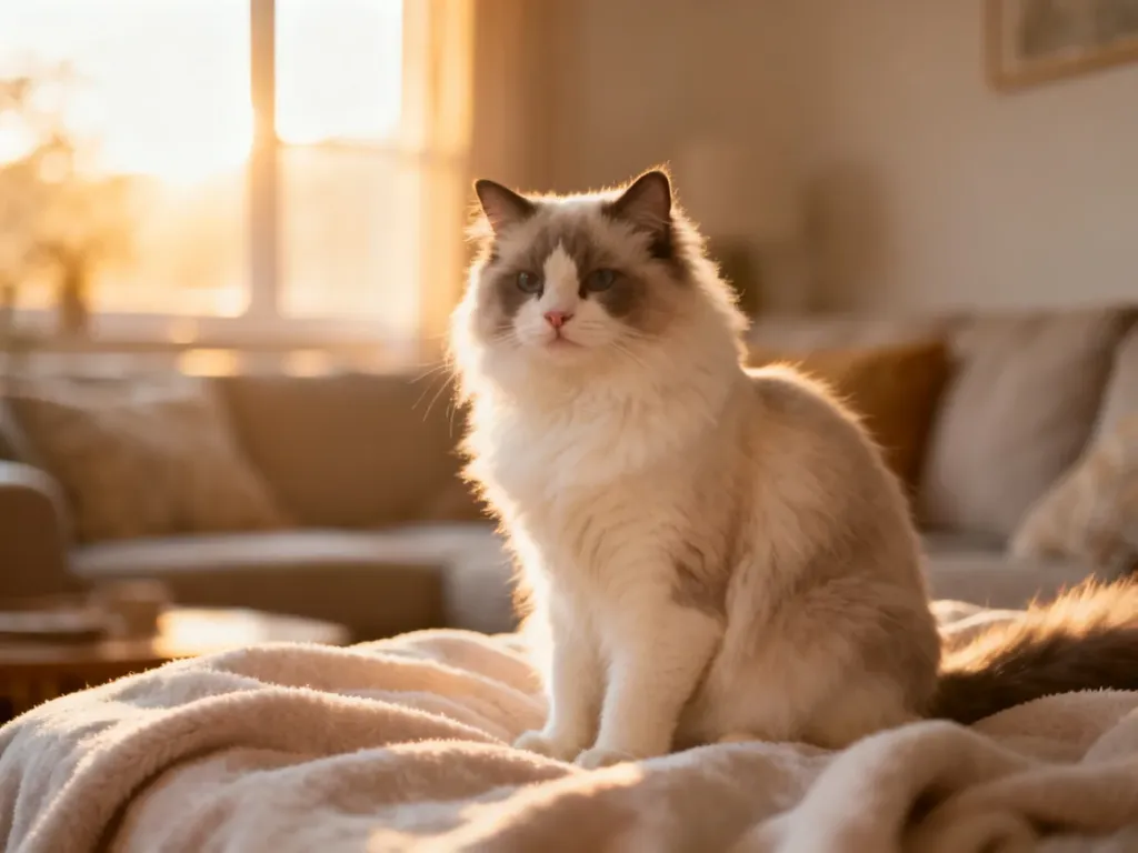Puszysty kot rasy ragdoll siedzący na miękkim kocu, podkreślający łagodne usposobienie idealnego pupila dla dziecka.