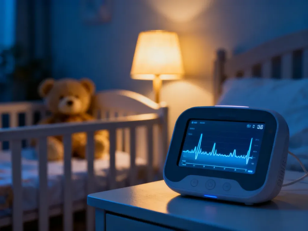 Elektroniczna niania z wyświetlaczem monitorującym oddech dziecka w przytulnym, przyciemnionym pokoju dziecięcym.