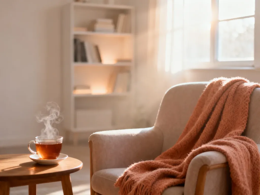Przytulny salon z fotelem i ciepłą herbatą, tworzący spokojną atmosferę sprzyjającą wyciszeniu emocji.