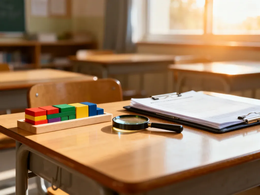 Biurko z pomocami edukacyjnymi i dokumentami w słonecznej klasie, symbolizujące wsparcie w edukacji dzieci z ADHD.