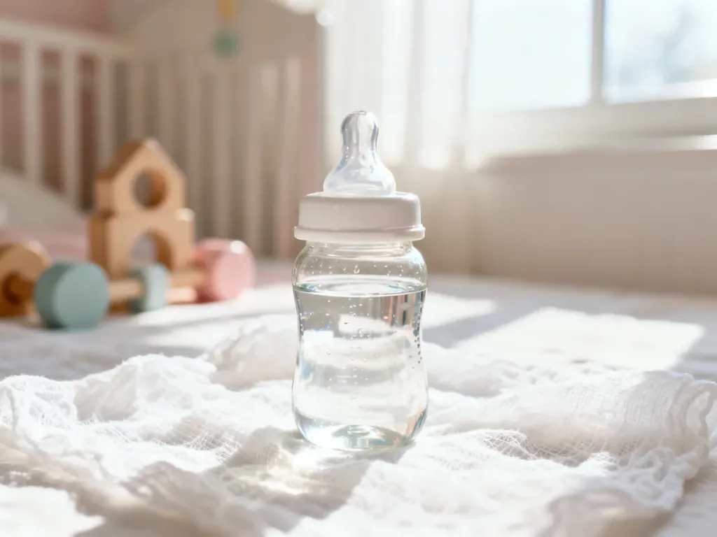 Szklana butelka z czystą wodą dla niemowlęcia ustawiona na jasnym materiale w przytulnym pokoju dziecięcym.