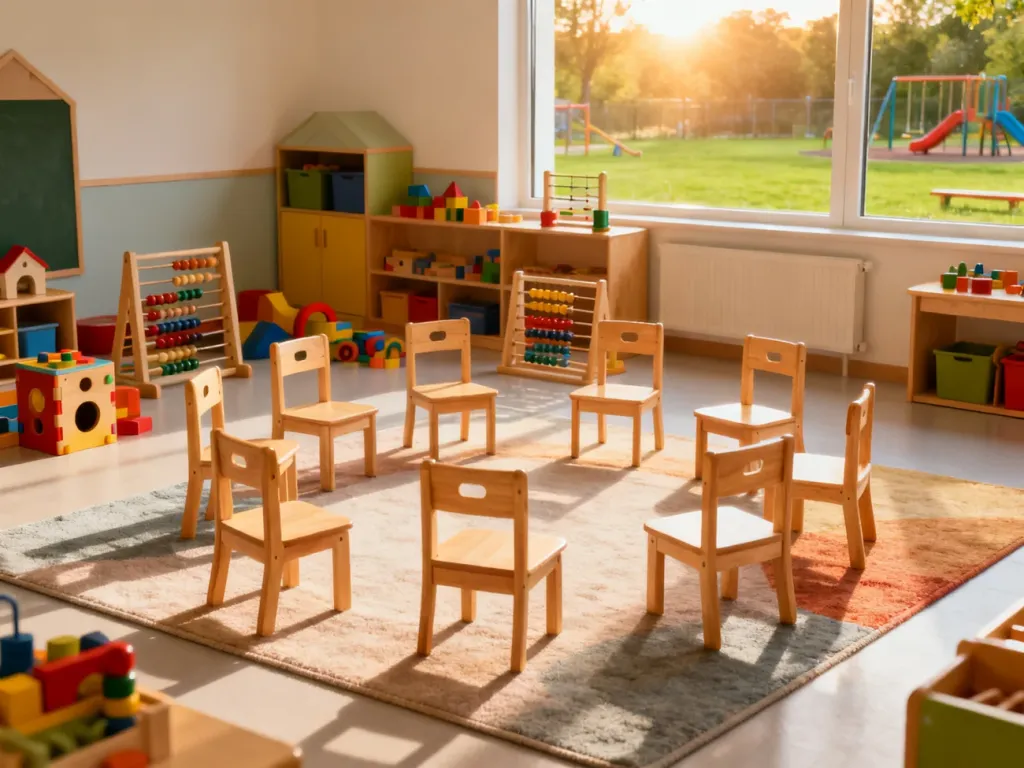 Przytulna i uporządkowana sala przedszkolna z kolorowymi zabawkami, przygotowana do zajęć edukacyjnych.