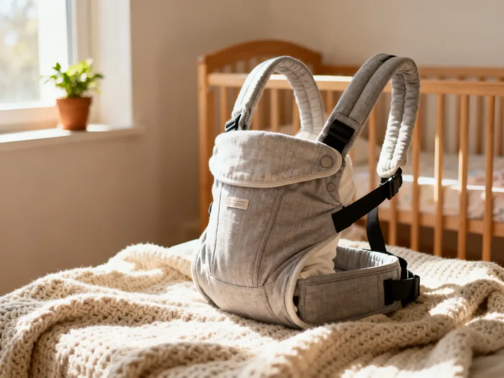 Ergonomiczne nosidło z bawełny organicznej na przytulnym kocu w słonecznym pokoju dziecięcym.