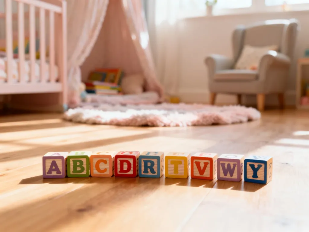 Kolorowe drewniane klocki z literami na podłodze w przytulnym pokoju dziecięcym, zachęcające do nauki mówienia.