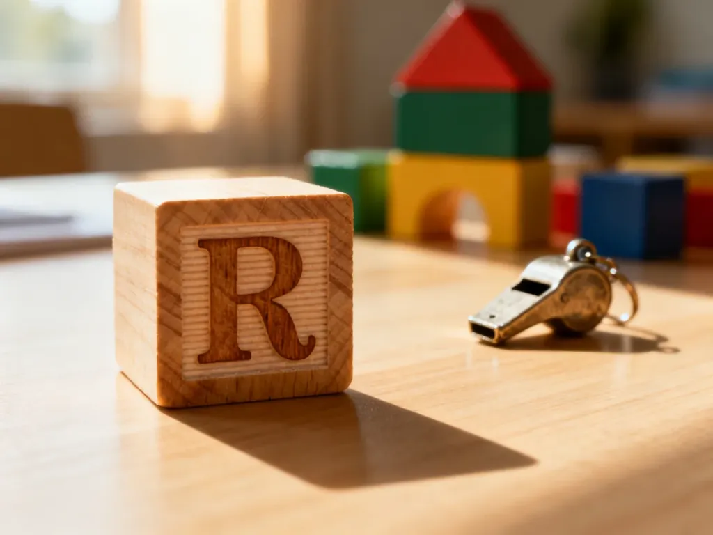 Drewniany klock z wygrawerowaną literą „R” na jasnym stole, symbolizujący naukę wymowy w przyjaznym otoczeniu.